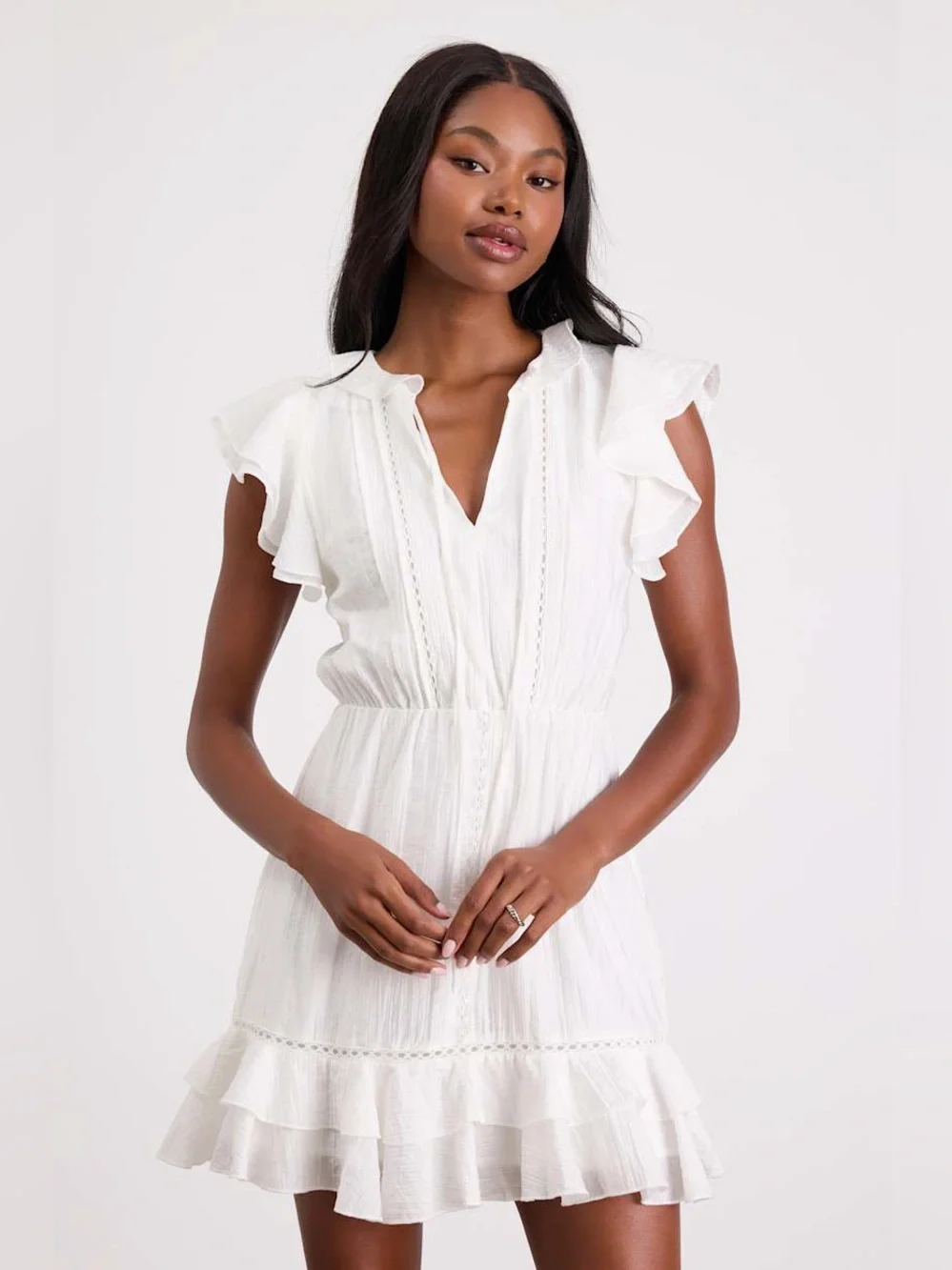 Lulus Tanaya White Flutter Sleeve Tiered Mini Dress size large white lace boho - Picture 11 of 15